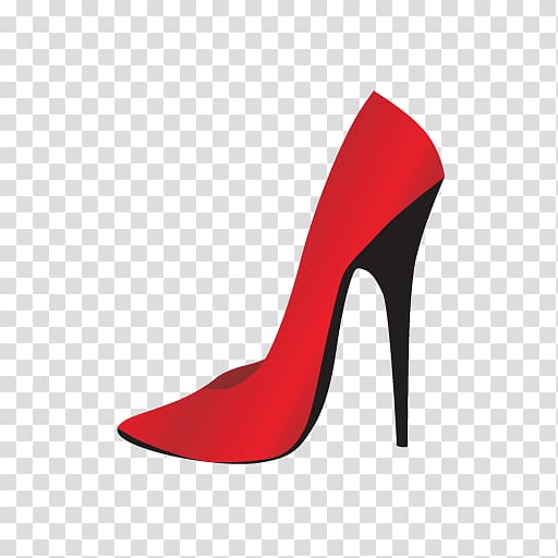 Red high-heeled stiletto shoe with black heel and sole, elegant pointed-toe design on transparent background.