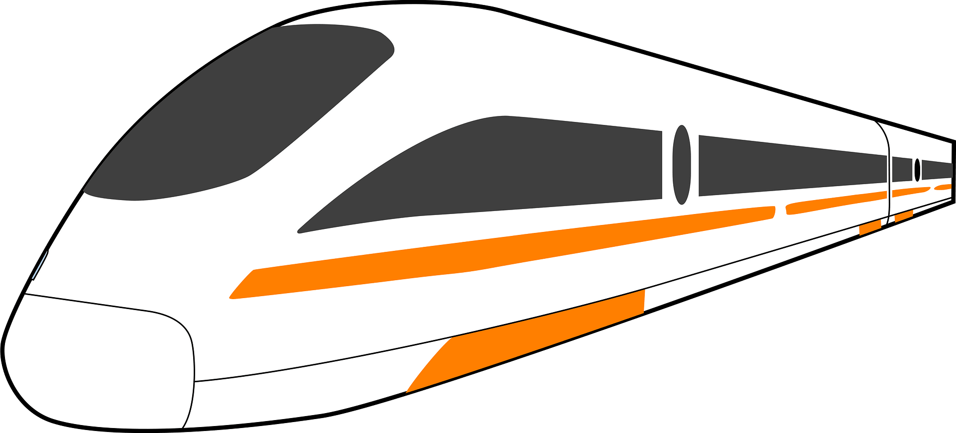 Modern white high-speed train with orange stripe and aerodynamic nose, illustrated in flat vector style.