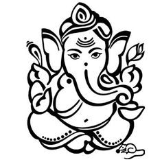 Black-and-white line drawing of Lord Ganesha seated in meditative pose, holding modak and lotus, with elephant head and ornate crown.