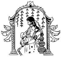 A traditional Indian line drawing of a woman in saree seated under an ornate arch with floral motifs and decorative pillars.