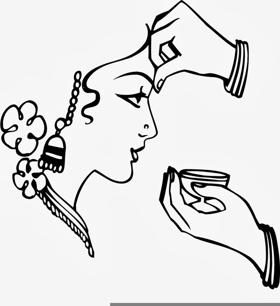 A stylized black-and-white line drawing of a woman in profile receiving a tilak on her forehead during a traditional Indian ritual.