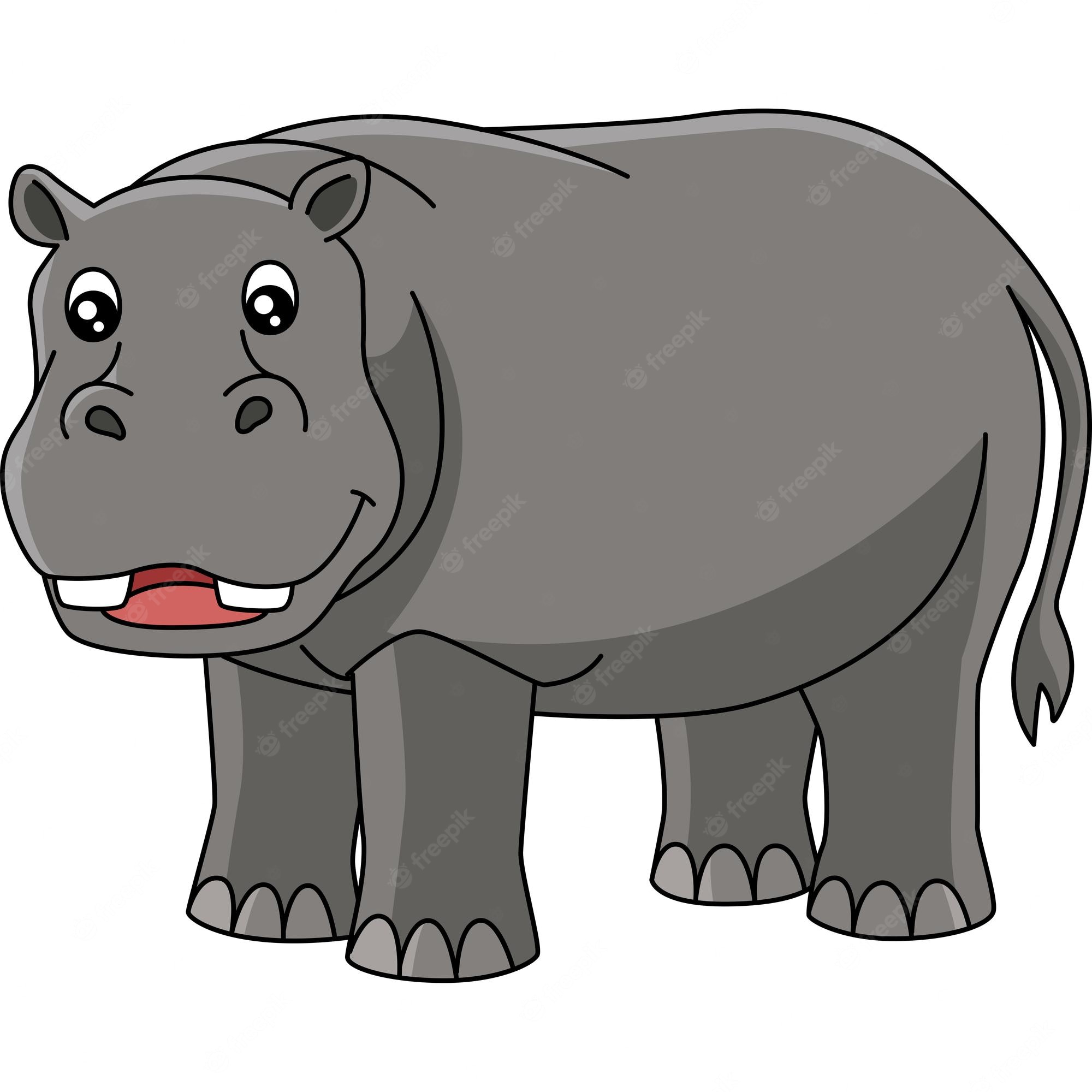 Friendly cartoon hippopotamus with big eyes, smiling mouth, and visible teeth standing on white background.