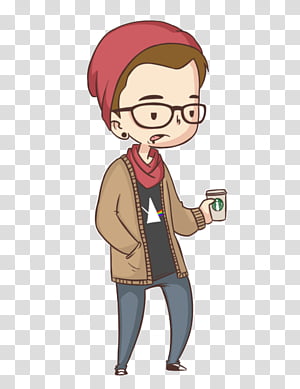 Cartoon-style young person with glasses, red beanie, holding a coffee cup, looking thoughtful.