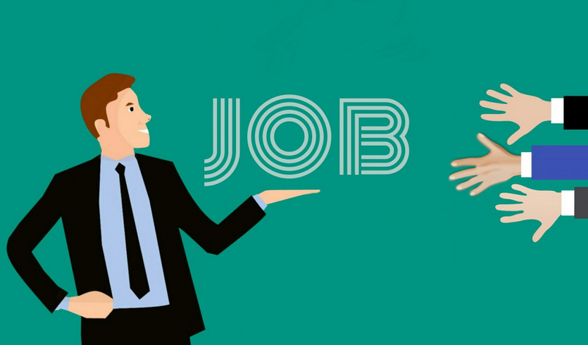Businessman presenting the word "JOB" while multiple hands reach out to receive it, symbolizing job opportunities and hiring.