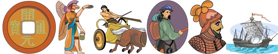 Ancient Chinese coin, Egyptian deity, Roman chariot, explorer, samurai, and sailing ship illustrating historical trade and exploration eras.