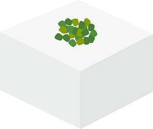 Diced green vegetables, likely bell peppers or herbs, arranged in a small pile on a white isometric cube against a green background.