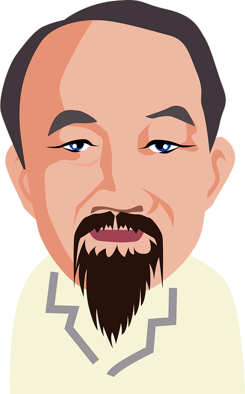 Stylized cartoon portrait of an elderly East Asian man with a long beard, blue eyes, and traditional attire.