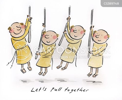 Teamwork Cartoon: Monks Pulling Together for Shared Success