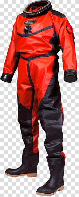 Red and black commercial diving suit with integrated helmet, boots, and sealed seams for deep-sea operations.
