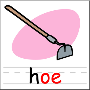 Simple cartoon illustration of a garden hoe with wooden handle and metal blade against pink background.