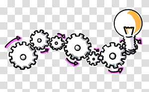 Interlocking gears leading to a lightbulb, symbolizing idea generation and process flow.