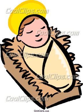 Baby Jesus in a manger with halo, wrapped in swaddling clothes, smiling peacefully.
