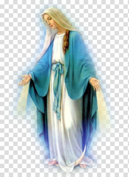 Virgin Mary in blue mantle and white robe, hands open in blessing, serene expression, ethereal glow.