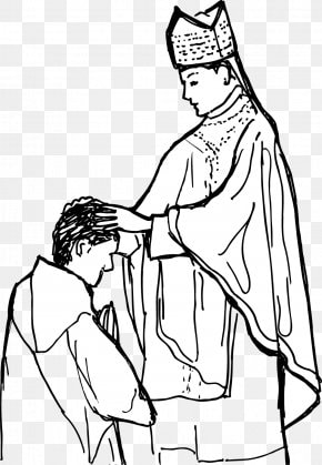 A bishop in mitre and vestments lays hands on a kneeling person during a blessing or ordination ceremony.
