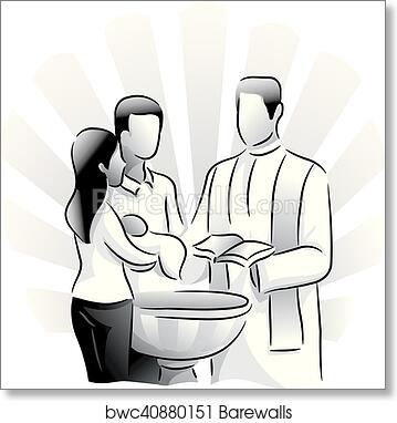A stylized black-and-white illustration of a baptism ceremony with a minister, a woman, and a child at a baptismal font.