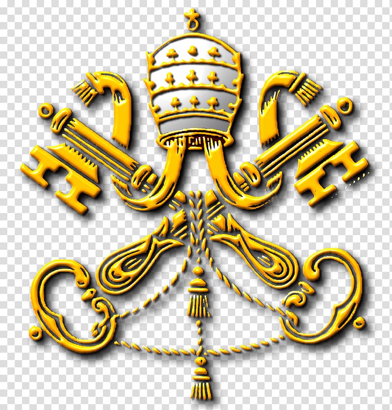 Golden papal coat of arms featuring crossed keys, tiara, and ornate tassels on transparent background.