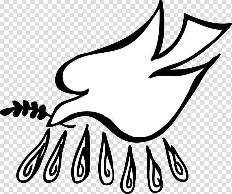 White dove holding olive branch with seven teardrop shapes below, symbolizing peace and sorrow or sacrifice.