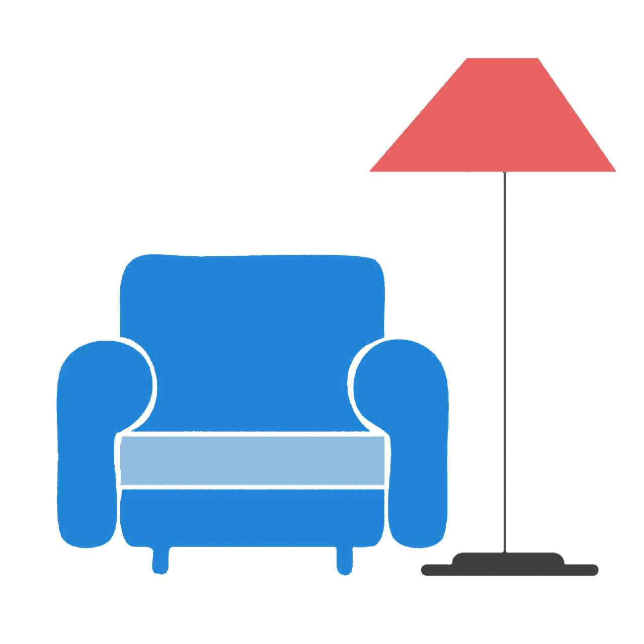 Blue armchair with light blue cushion next to a red-shaded floor lamp on black background.