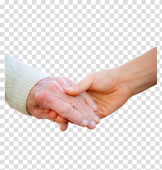 A younger hand gently holding an elderly person's wrinkled hand, symbolizing care and intergenerational support.