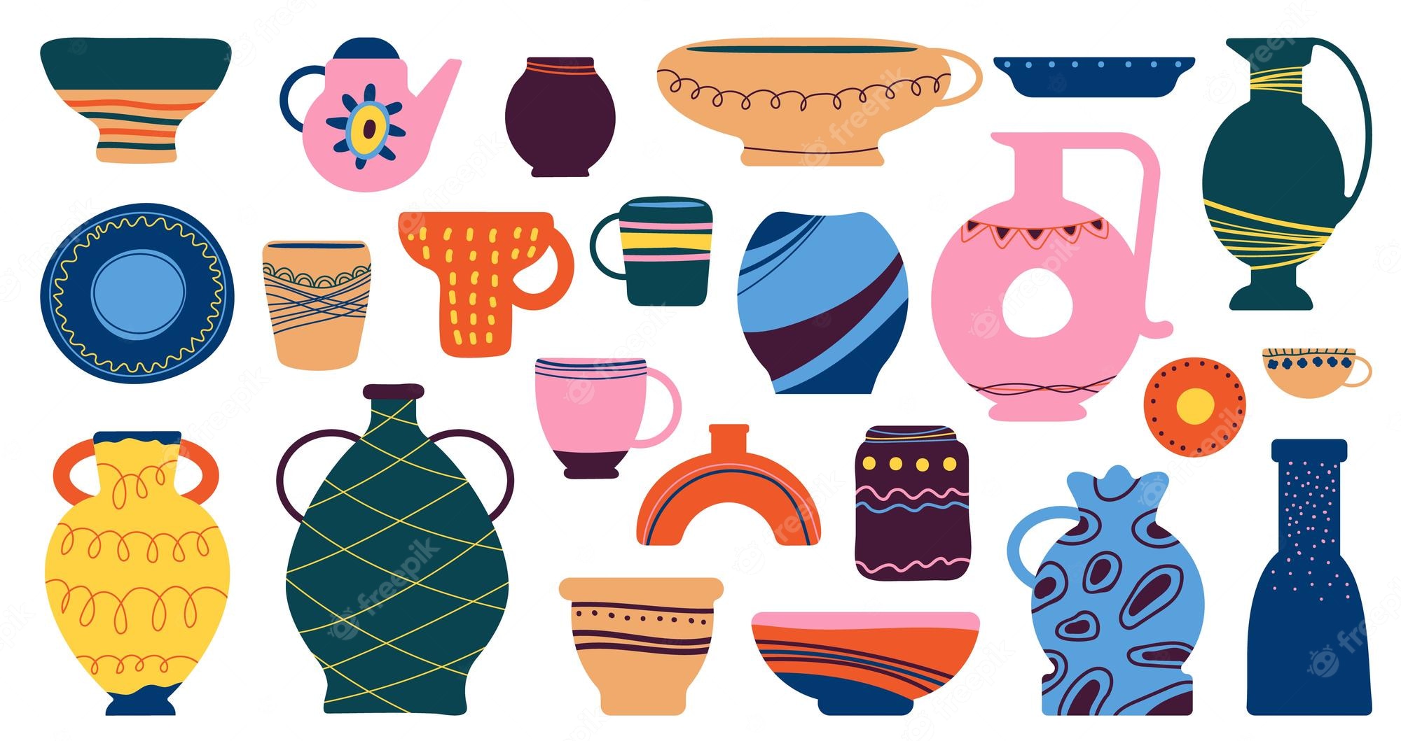 Colorful hand-drawn ceramic pottery collection including vases, mugs, bowls, and jugs with decorative patterns.