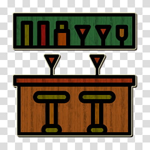 Stylized retro bar illustration with wooden counter, two stools, cocktail glasses, and shelf of bottles and glasses.