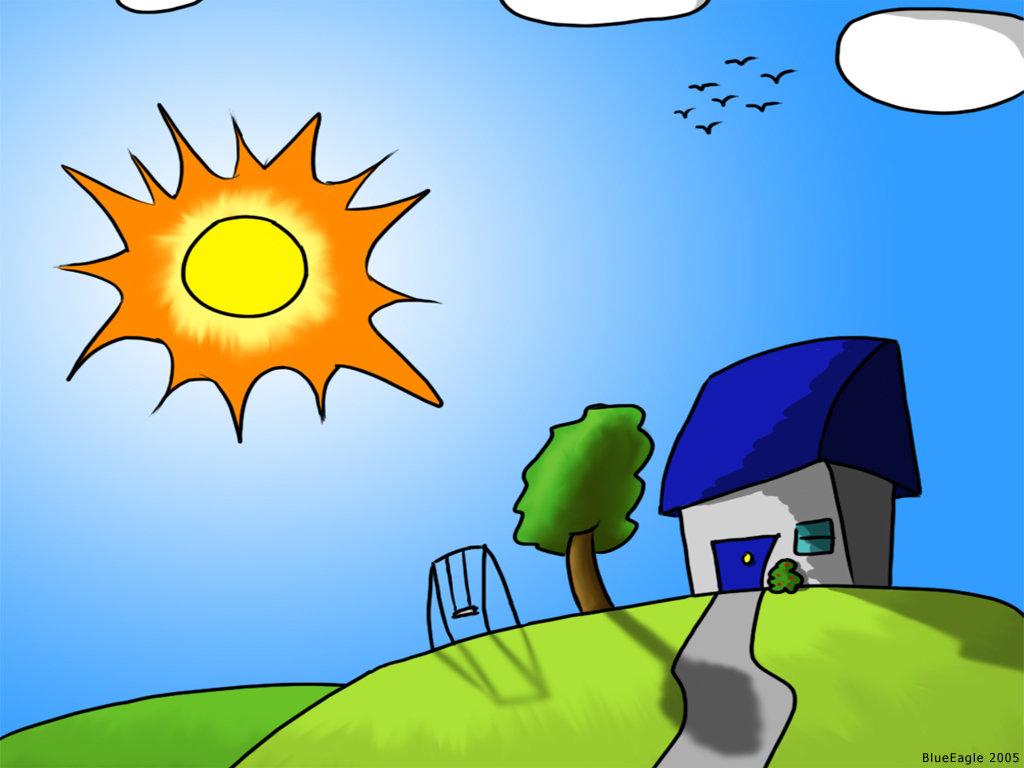 Bright cartoon sun shines over a cheerful house on a green hill with a tree, swing, and flying birds.