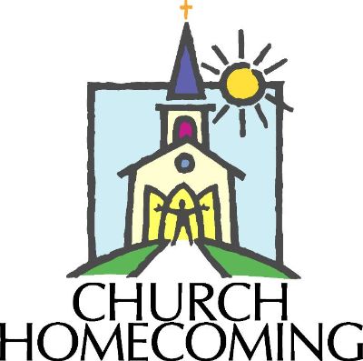 Colorful cartoon-style church with steeple, sun, and cross, labeled "Church Homecoming"