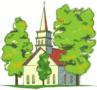 A quaint white church with a red roof and steeple, surrounded by lush green trees.