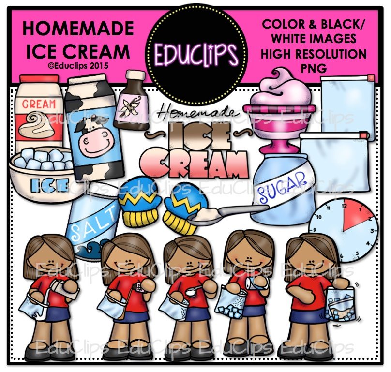 Clipart set showing homemade ice cream ingredients, tools, and children making ice cream; colorful educational illustration by EduClips.