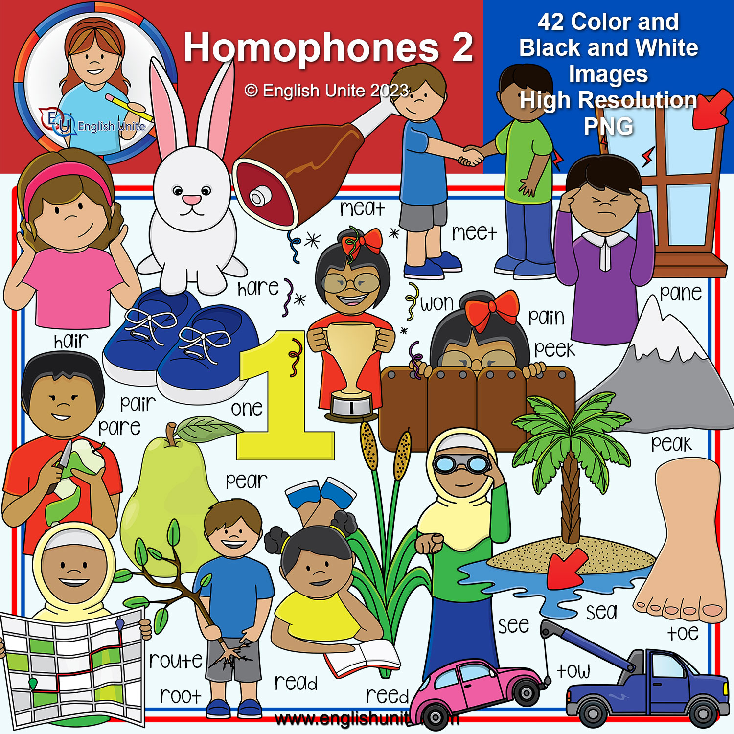 Educational clipart set illustrating 42 homophone pairs (e.g., hare/hair, meat/meet) with colorful cartoon visuals for English learners.