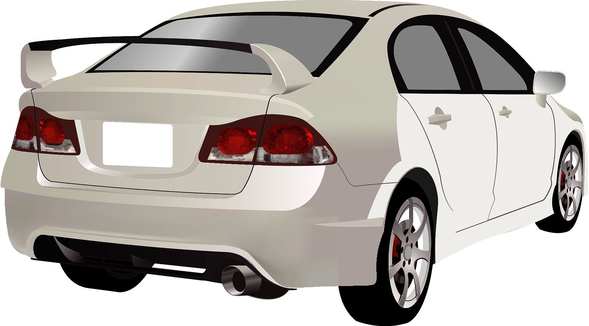 White sport sedan with rear spoiler, dual exhaust, and alloy wheels shown from rear three-quarter view.