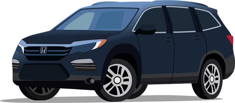 Dark blue Honda SUV with modern grille, alloy wheels, and sleek profile illustration.
