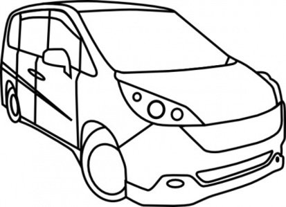 Line drawing of a modern minivan with sliding side door and sleek headlights, viewed from front three-quarter angle.