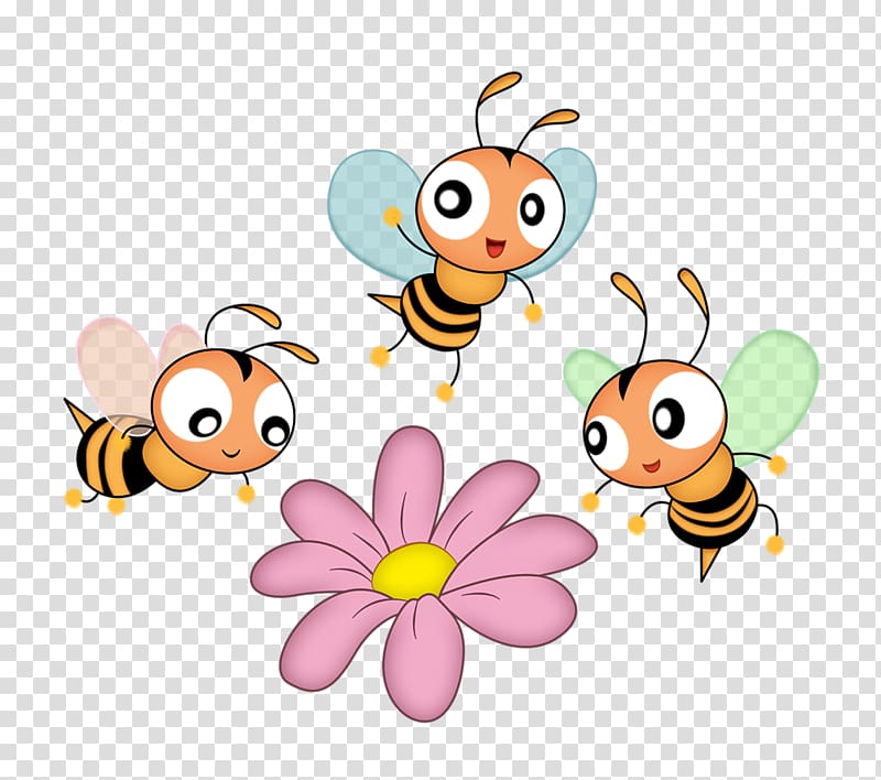 Three cartoon bees with big eyes flying around a pink flower with yellow center on transparent background.