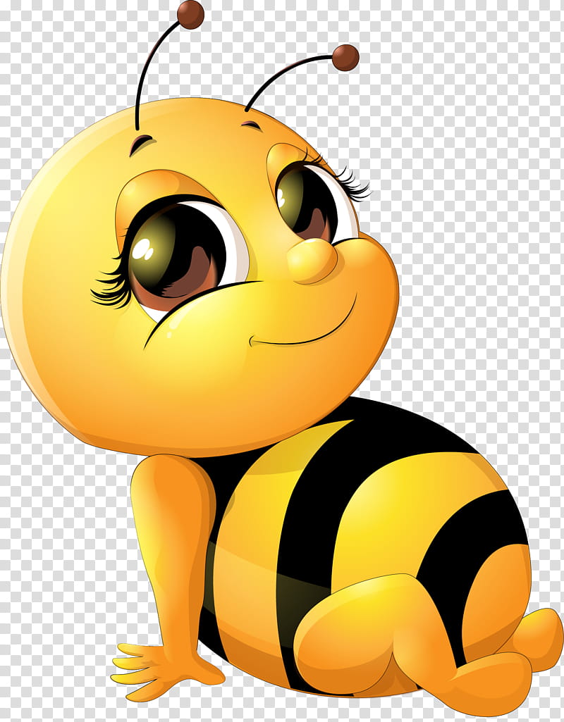 Cute cartoon baby bee with big eyes, yellow and black stripes, sitting and smiling on transparent background.
