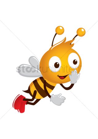 Cheerful cartoon bee flying with red shoes and waving hand, smiling warmly.