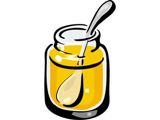 Glass jar of golden honey with a spoon and dripping drop, cartoon-style illustration.