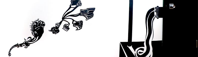 Abstract black-and-white floral and mechanical motif with flowing organic lines and geometric forms on white background.