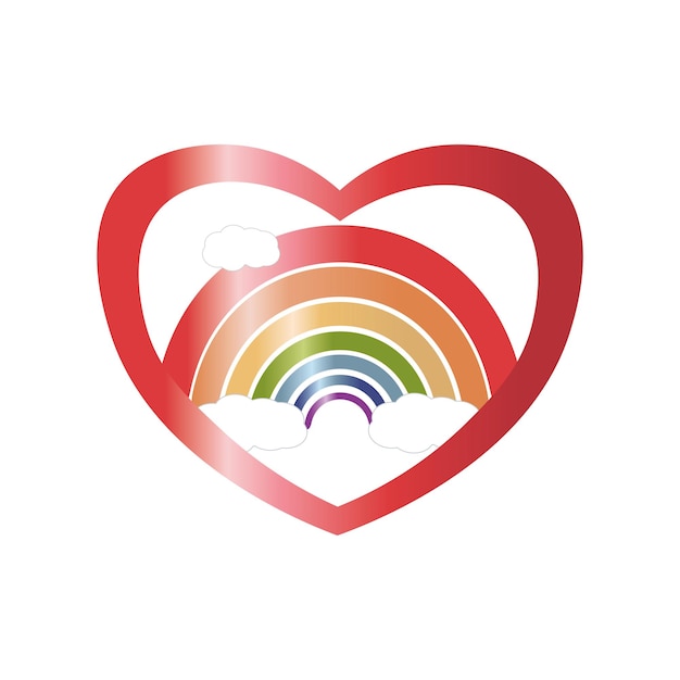 A red heart outline containing a vibrant rainbow arching over white clouds, symbolizing love, hope, and inclusivity.