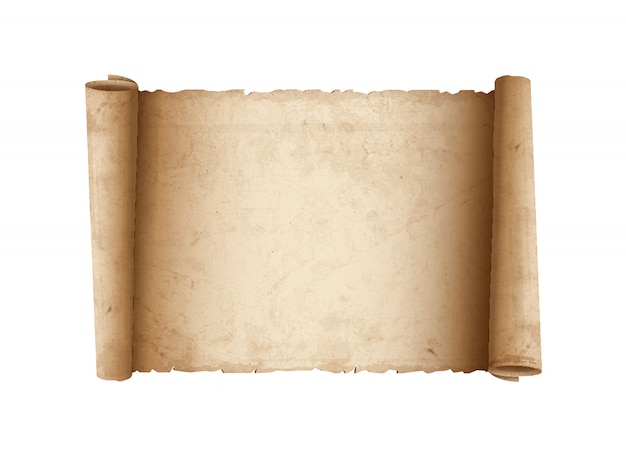 Vintage aged parchment scroll with rolled edges and textured surface, isolated on white background.