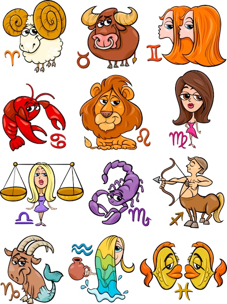 Twelve cartoon-style zodiac signs with corresponding symbols and characters, including Aries, Taurus, Gemini, Cancer, Leo, Virgo, Libra, Scorpio, Sagittarius, Capricorn, Aquarius, Pisces.