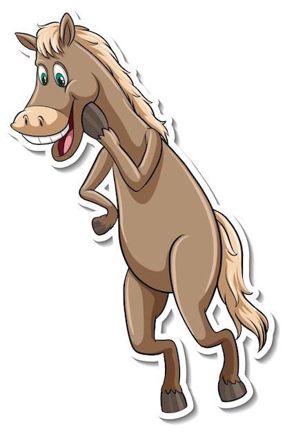 Cheerful cartoon horse standing on hind legs, smiling with open mouth and holding hoof to ear as if listening.