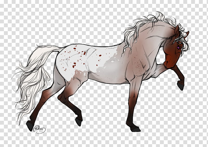 A stylized animated horse with white coat, brown patches, flowing mane and tail, mid-gallop pose on transparent background.