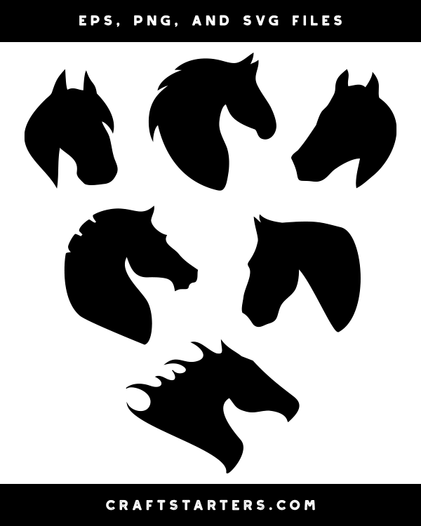 Six black horse head silhouettes in various profiles and styles, ideal for crafting and design projects.