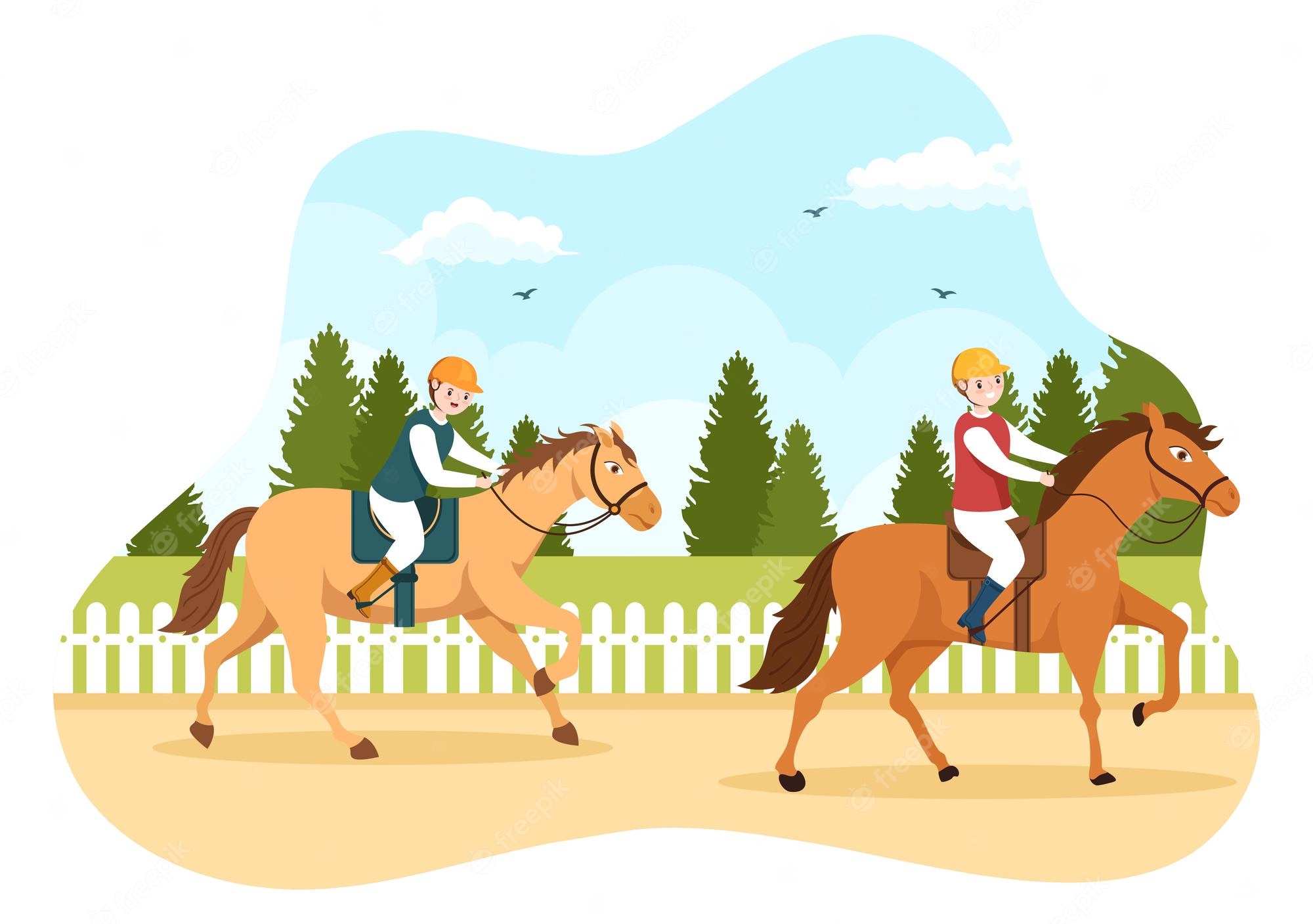 Two children riding horses on a sandy track beside a white fence with trees and sky in background.