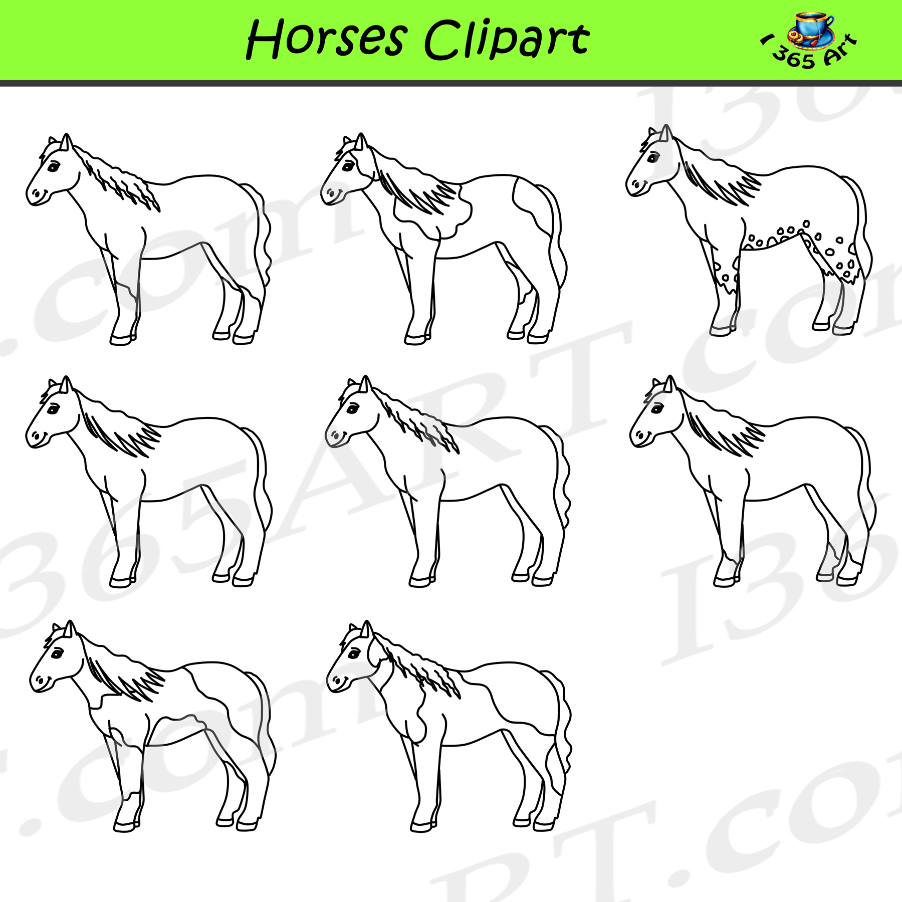 Nine black-and-white horse clipart illustrations in various poses and coat patterns, ideal for coloring or design projects.