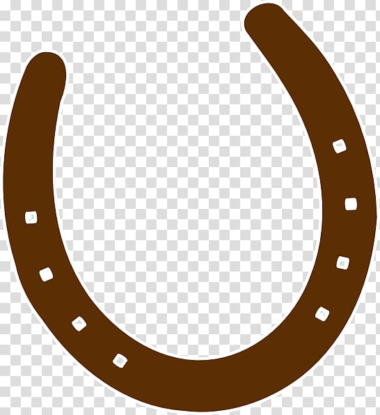 Brown horseshoe with white nail holes on transparent background, classic U-shaped metal shoe for horses.