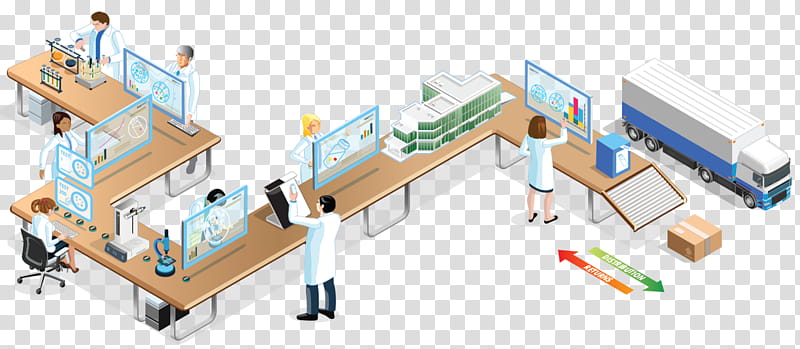 Scientists and engineers collaborate in a modern lab with digital dashboards, 3D models, and logistics integration.
