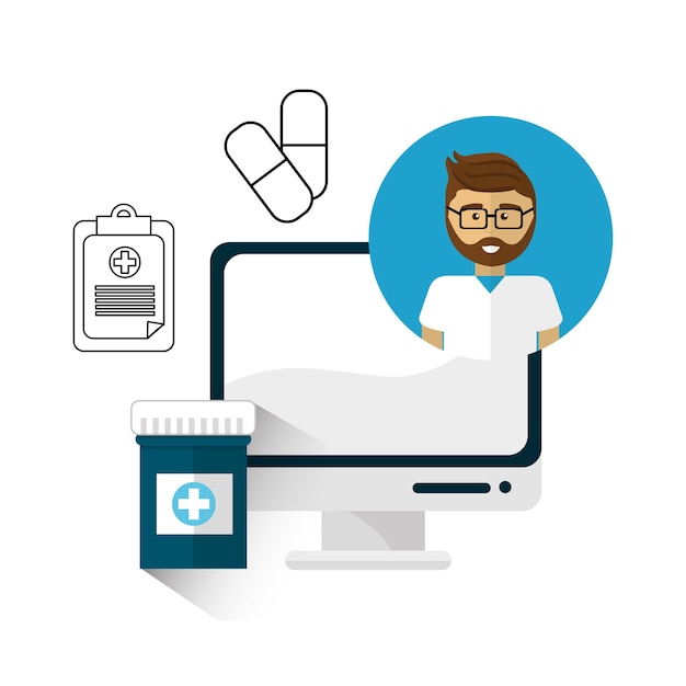 Doctor avatar on computer screen with pills, prescription clipboard, and medicine bottle-telehealth concept.
