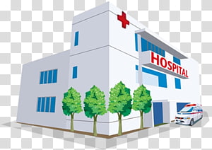 White modern hospital building with red cross, trees, and ambulance parked outside.